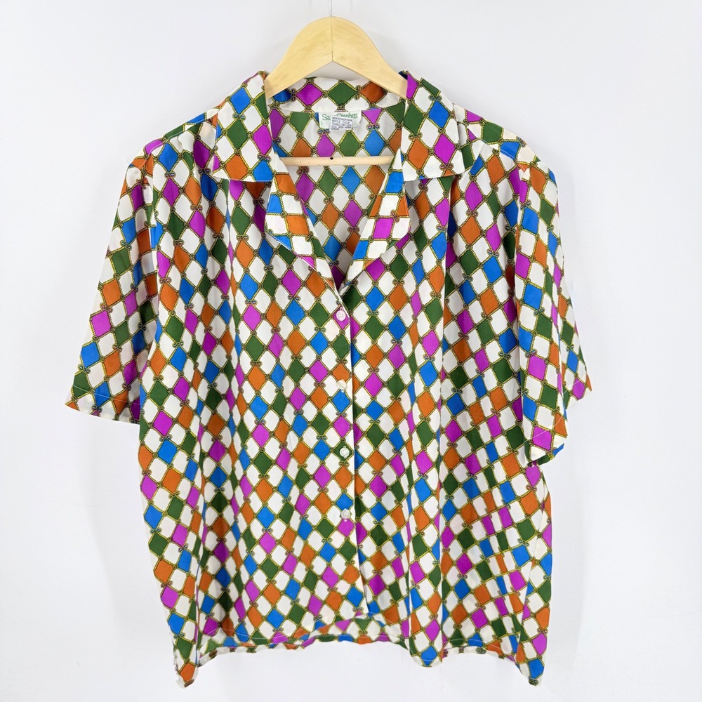 Sara Stephen Top Multi-Color Harlequin Print XL Vintage Retro Button Up Shirt
